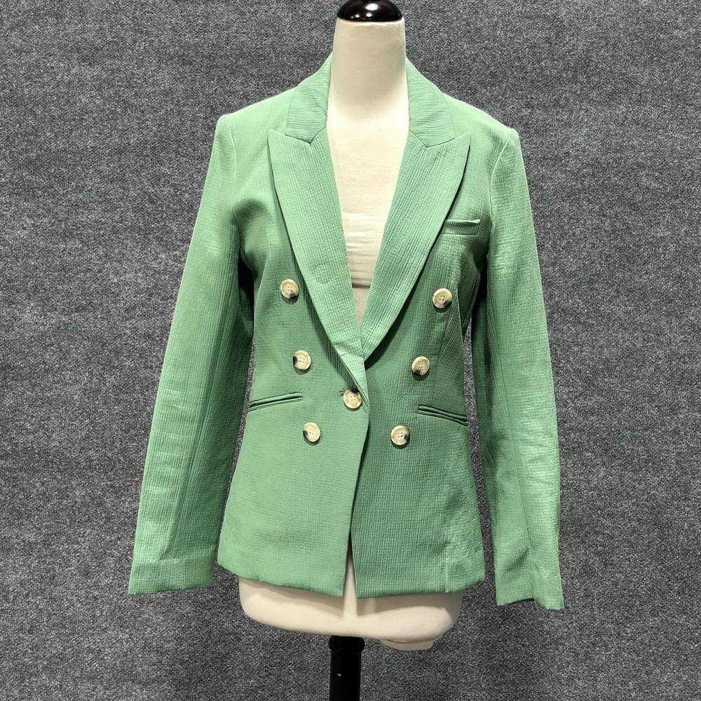 Veronica Beard Blazer Womens 8 Green Seersucker Double Breasted Linen Jacket USA